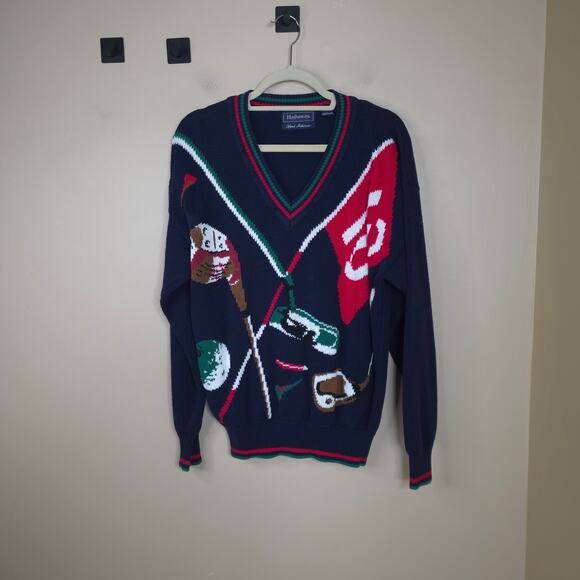 Vintage 90s Hathaway Hand Knit V-neck Golf Sweater in Navy Size L - Picture 1 of 8